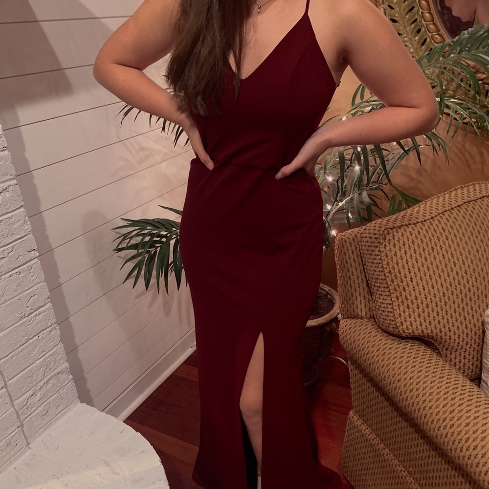 Prom Dress Maroon Lace Slit up Thigh and V Neck